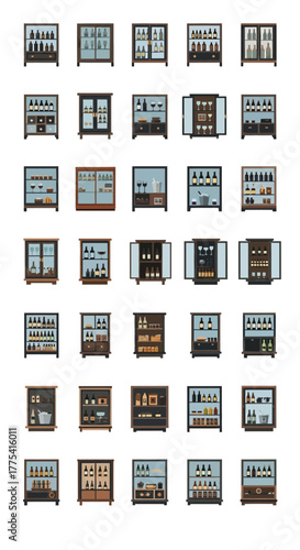 Display cabinets filled with bottles, glasses, and food items.