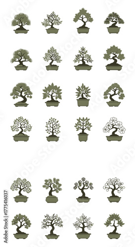 Collection of stylized bonsai trees in various shapes and leaf styles.