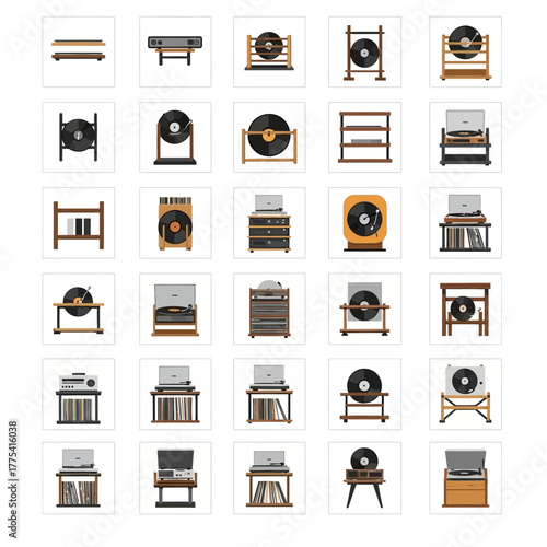 Collection of record players and vinyl records on shelves.