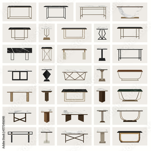 Collection of modern tables with marble and metal designs.