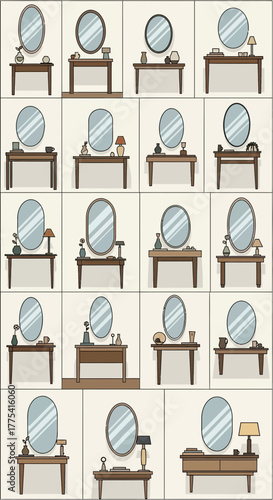 Oval mirrors displayed on tables with various decorative items.