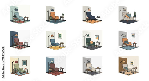 Armchairs with side tables and lamps in various color schemes.