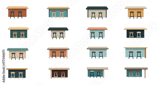 Multiple bar counters with stools in various colors and designs.