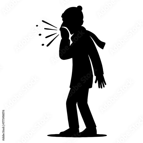 Silhouette of person sneezing in cold – relatable winter concept vector with transparent background 