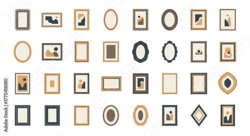 Collection of framed abstract art and empty frames in various shapes.