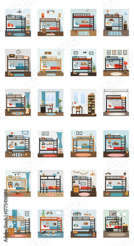 Various bunk beds and bedroom scenes with toys and furniture.