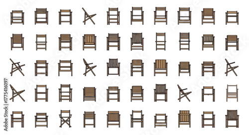 Collection of wooden chairs in various styles and orientations.