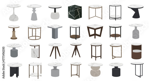 Collection of diverse marble-topped tables with various bases and shapes.