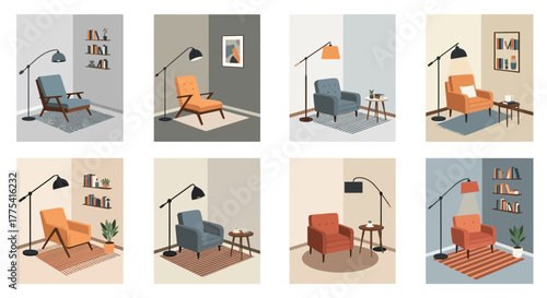 Armchairs with floor lamps, rugs, and shelves in room corners.