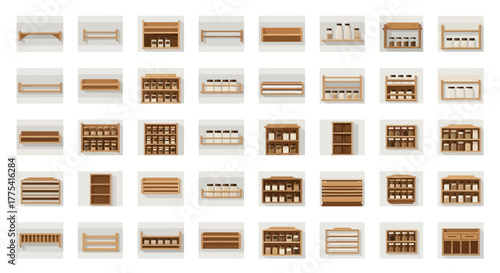 Various wooden shelves and racks holding jars and bottles.