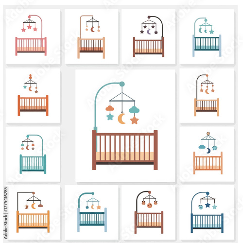 Collection of baby cribs with mobiles featuring stars, moons, and clouds.