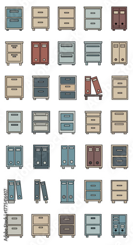 Collection of various filing cabinets and binders in different colors.