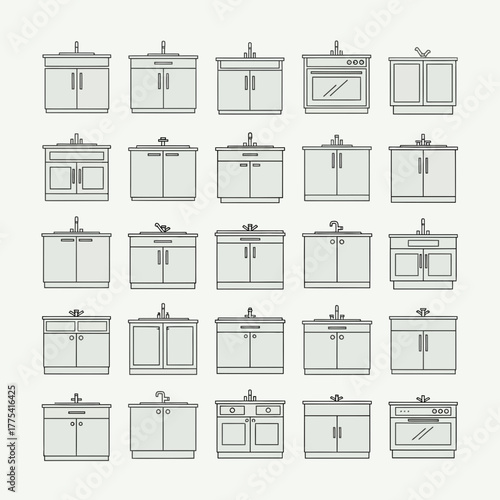 Collection of stylized kitchen cabinets and sinks in a grid.