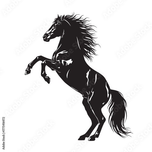 Black silhouette of a rearing horse with flowing mane and tail on a white background black horse