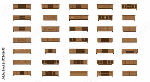 Collection of diverse wooden cabinets and credenzas with drawers and doors.