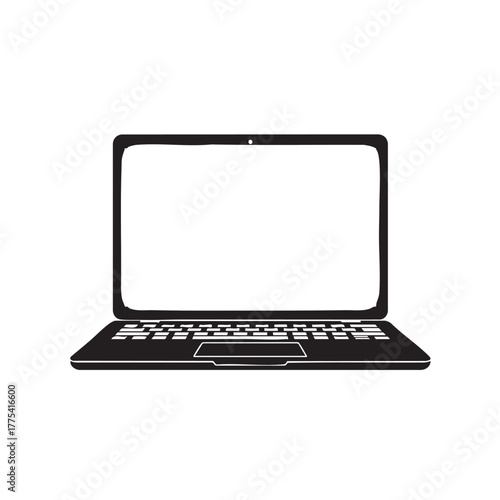 Black silhouette of an open laptop computer with a blank white screen and keyboard technology