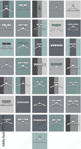 Various types of clothes hangers and hooks displayed in a grid.