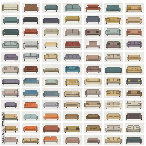 Collection of diverse sofas in various colors and styles.
