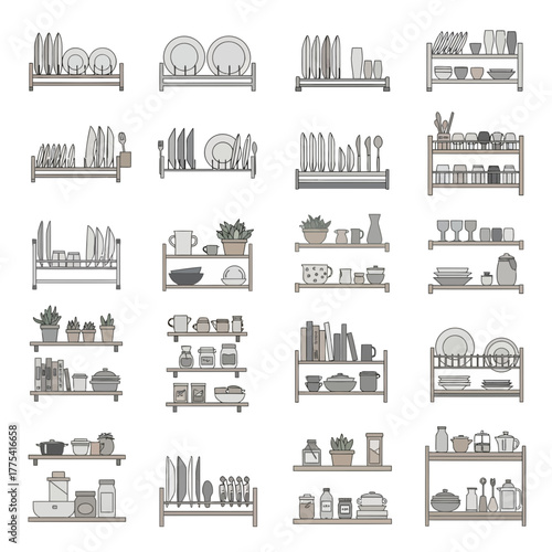 Kitchen shelves and racks display plates, bowls, cups, jars, and pots.