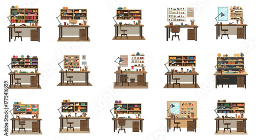 Crafting desks with shelves, lamps, chairs, and art supplies.
