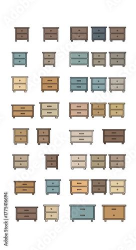 Collection of various bedside tables with different colors and drawer designs.