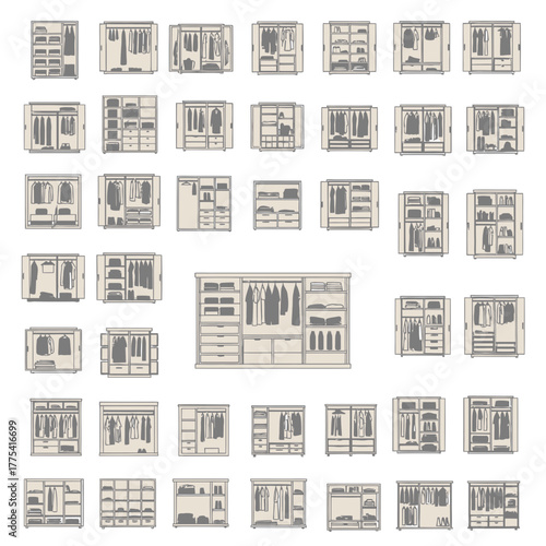 Various wardrobe designs with clothes and shelves shown.