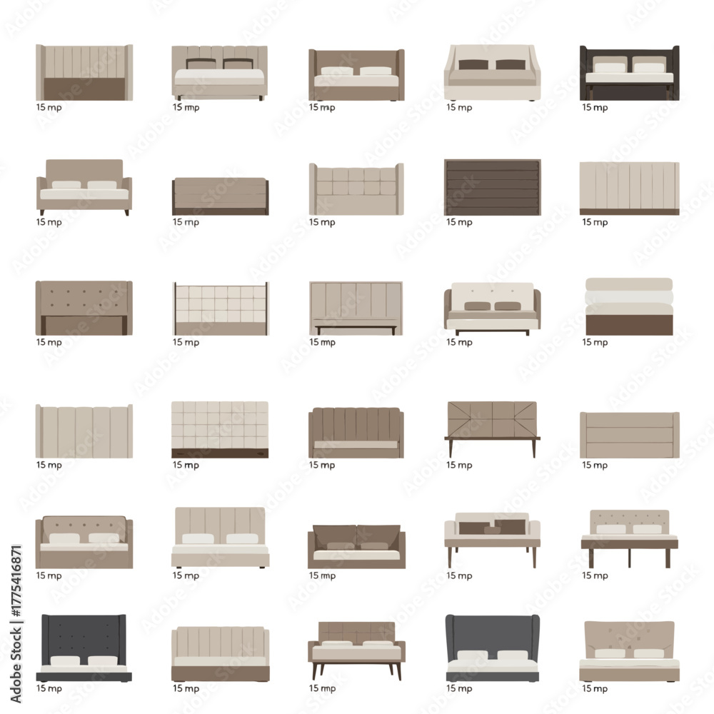 Obraz premium Various upholstered beds and sofas with different headboard styles.