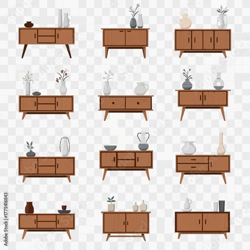 Wooden cabinets with decorative vases and bowls.