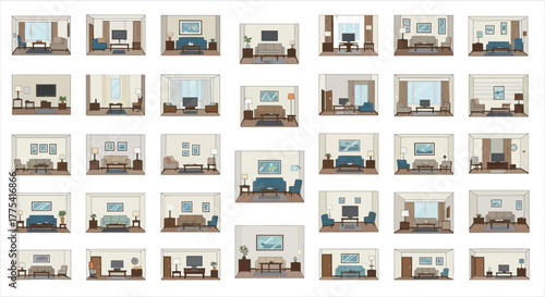 Various living room arrangements with furniture, televisions, and decor.