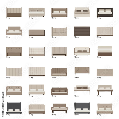 Various upholstered beds and sofas with different headboard styles.