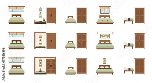 Various bedroom furniture arrangements with beds, wardrobes, and windows.