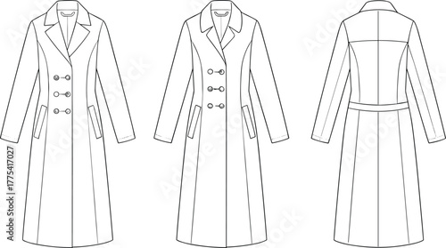 Long double-breasted coat, fashion technical sketch, front and back view, tailored outerwear design, notched lapel, structured silhouette, garment illustration
