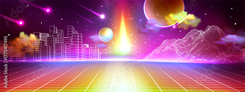 Futuristic purpure cosmic  landscape. Vibrant Synthwave Space Martian Landscape