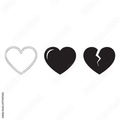 Three heart shapes one outlined one solid black one broken black hearts broken heart