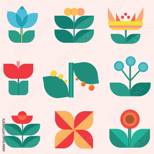 Bright icons with flower and plant facts and geometric elements, hand-drawn. Multicolored stick icons.