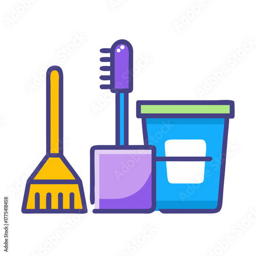 Essential cleaning tools including a broom, toilet brush, and bucket ready for sparkling hygiene and spotless home maintenance tasks
