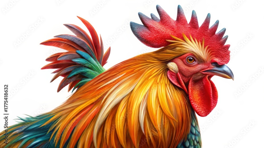 Fototapeta premium A colorful rooster with bright feathers against a white background