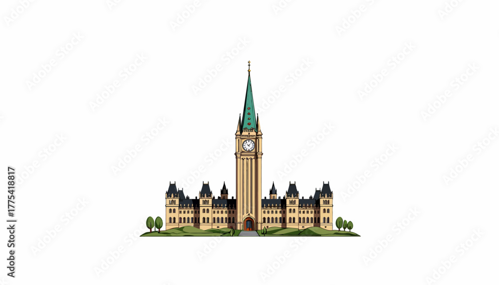 Fototapeta premium Illustration of a Historic Government Building with Central Clock Tower and Symmetrical Architecture Surrounded by Lush Greenery on a Clear Day