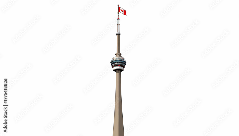 Fototapeta premium Iconic Tower with Canadian Flag atop Tall Structure Against Clear White Sky Capturing Modern Architectural Marvel and National Symbol