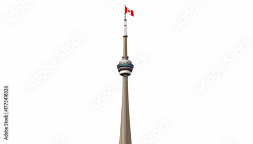 Iconic Tower with Canadian Flag atop Tall Structure Against Clear White Sky Capturing Modern Architectural Marvel and National Symbol