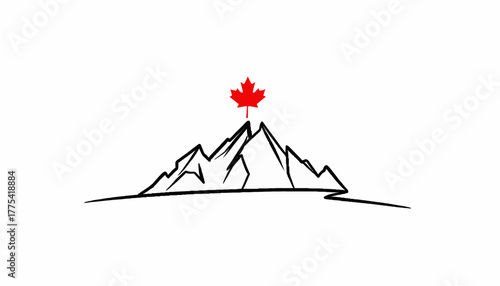Illustration of Mountaintop with Canadian Maple Leaf Highlighting Natural Scenery and National Symbolism in Black and White Minimalist Style