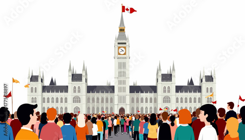 Crowd Gathered in Front of Iconic Gothic Building with Clock Tower and Flags for National Celebration or Political Event