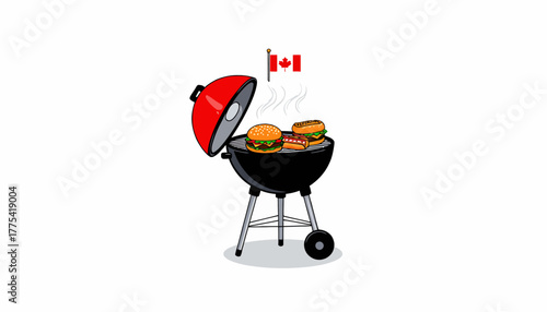 Illustration of a Barbecue Grill with Burgers and Hotdogs Emitting Steam, Adorned with a Small Canadian Flag