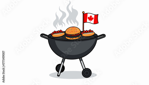 Illustration of a Barbecue Grill with Burgers and Hotdogs Topped by a Canadian Flag, Emitting Smoke, Signifying a Festive Outdoor Cookout