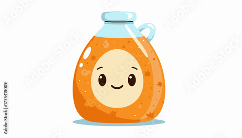 Adorable cartoon jar with a smiling face filled with orange liquid and floating autumn leaves design on a white background