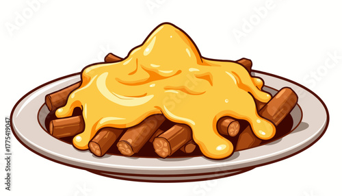 Mound of Cheese Drenched French Fries on White Plate Capturing Delicious Fusion of Snack Comfort and Savory Flavor in Mouthwatering Presentation