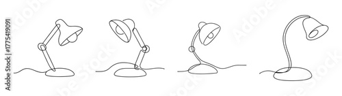 Four distinct line art sketches of a desk lamp in different positions