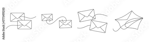 Four hand drawn line art sketches of envelope designs on white
