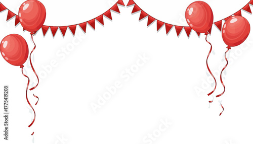 Vibrant Red Balloons with Streaming Ribbons and Triangular Banner Decorations for Celebratory Occasions and Festive Gatherings in a Minimalistic Style