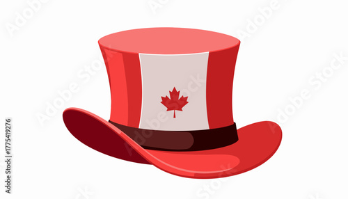 Illustration of a Red Top Hat Featuring the Canadian Flag with a Prominent Red Maple Leaf on a Clean White Background